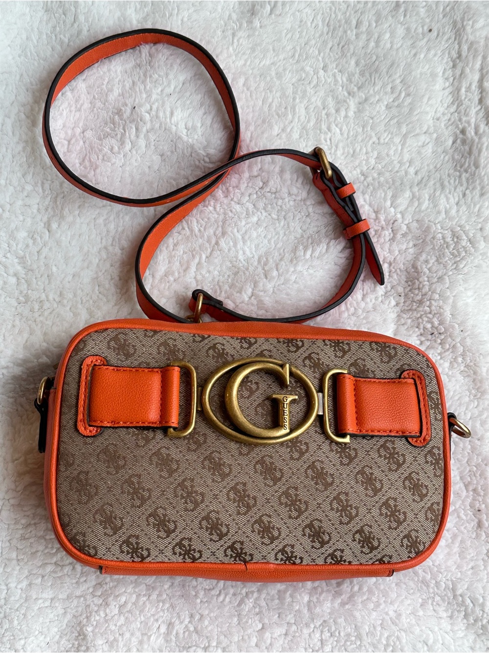 Guess Tan Monogram Crossbody with Orange Trim